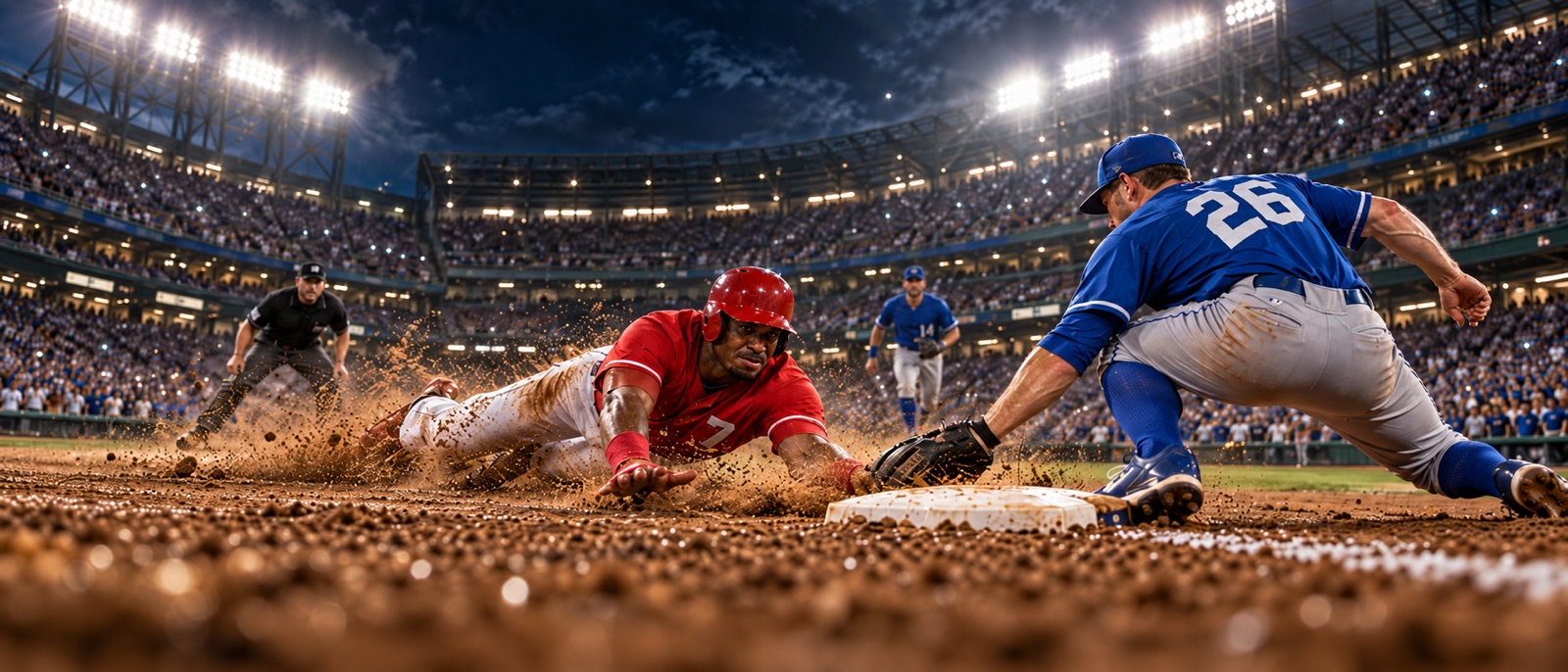 A runner sliding into a base during a night baseball game