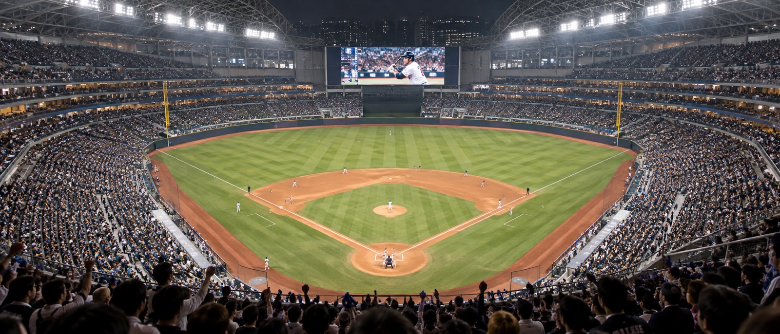 Stade de baseball plein vu de derrière le marbre, de nuit